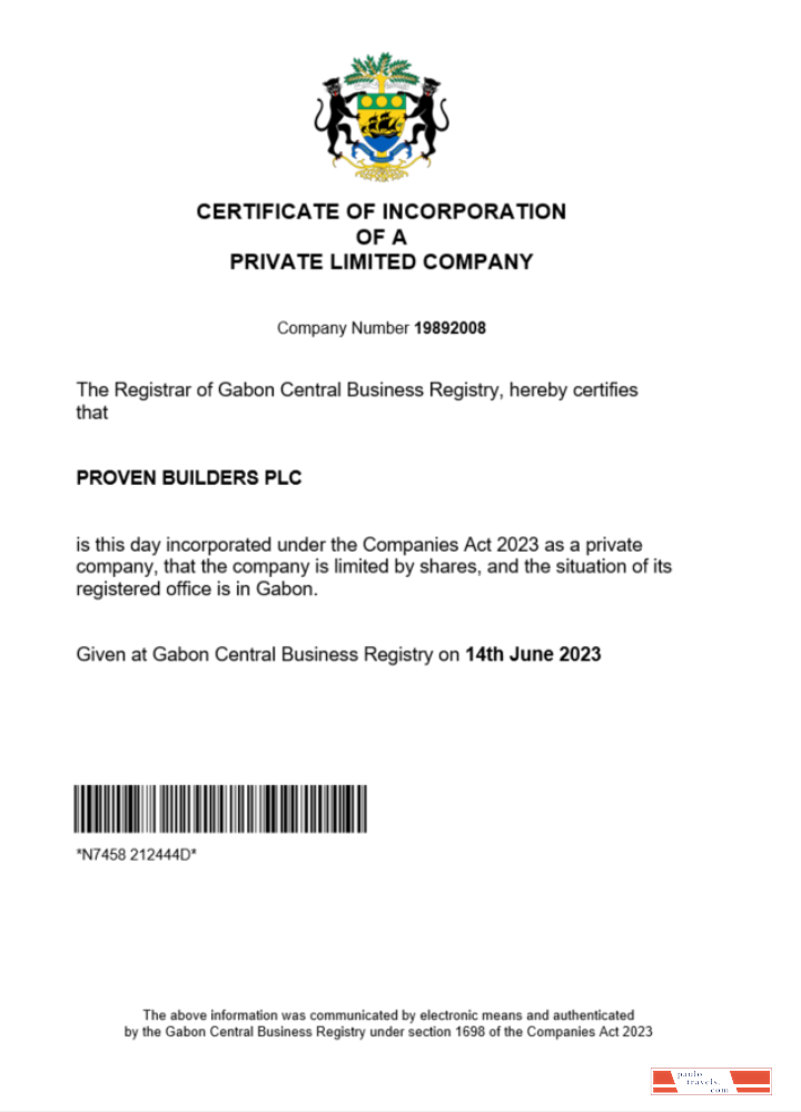 Gabon certificate of registration Word and PDF template
